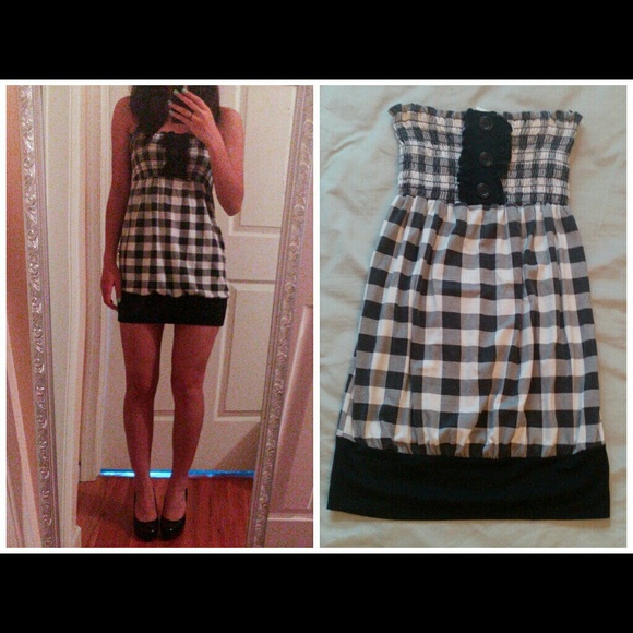 Strapless Black & White Plaid Dress