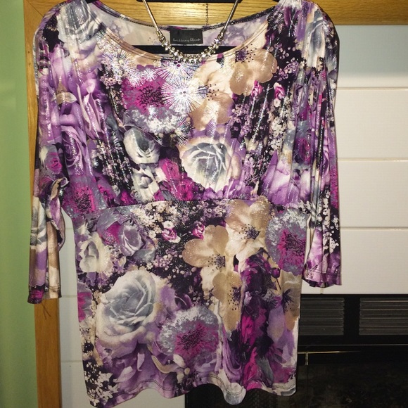 Purple & Tan Floral Blouse with Shimmery Accents - Picture 3 of 4