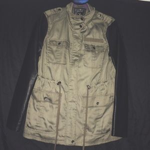 Army Green Jacket With Leather Sleeves