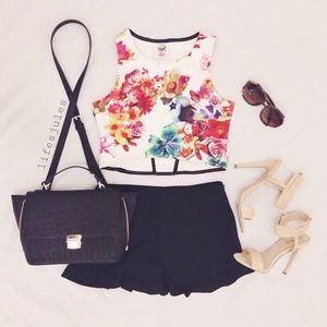 Floral cropped top and Aztec shorts