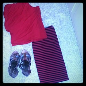 Red and blue striped pencil skirt