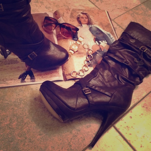 Brown faux leather knee-high boots