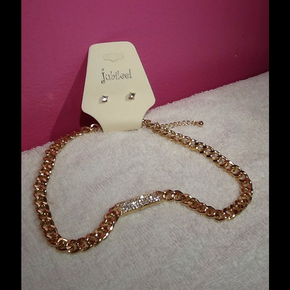 Jubilee Jewelry - Gold Tone Crystal Tag Necklace & Stud Earrings