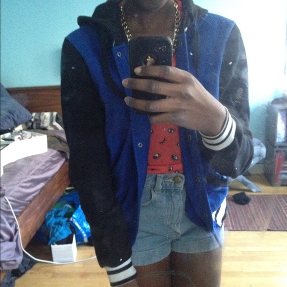 blue and black varsity jacket