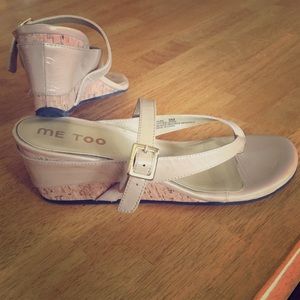 Nude patent leather wedge thong sandals