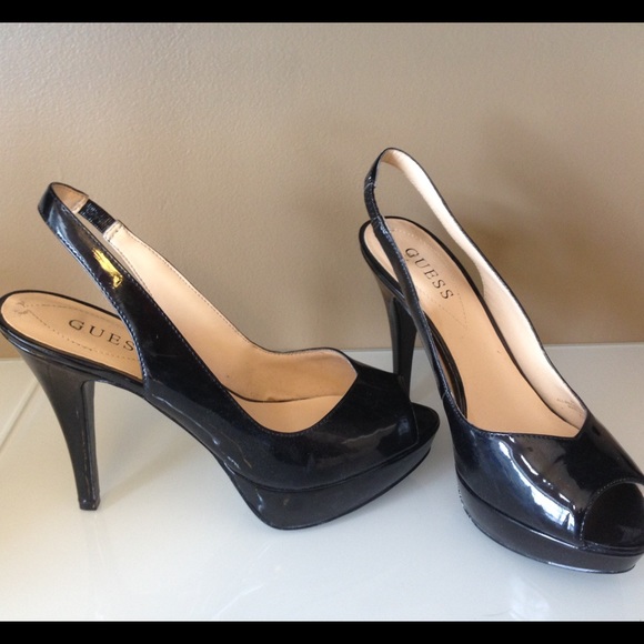 Guess Shoes Black Patent Leather Guess Slingback Heels
