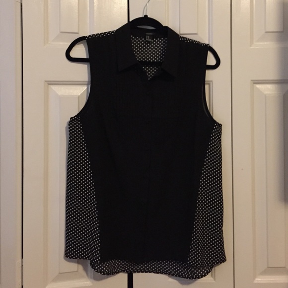 Sheer button up tank, black with white dots, MED