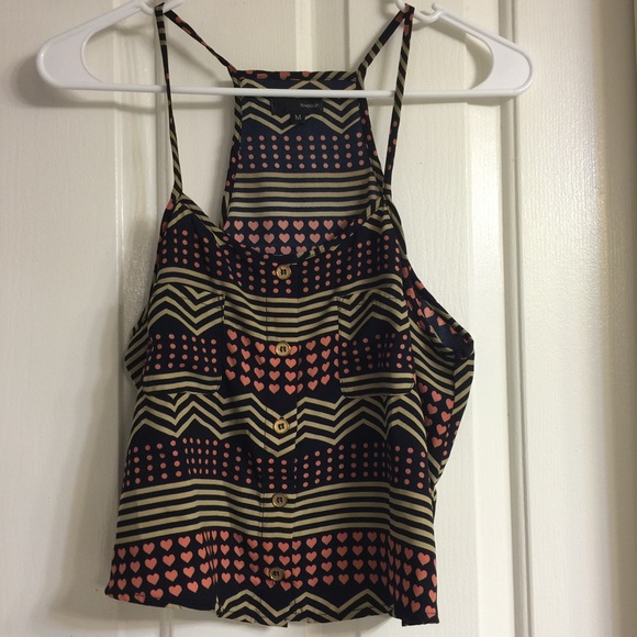 Blue, tan and pink heart pattern top