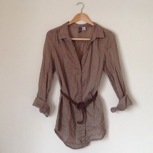 Semi Sheer Tan Button-Down Shirt