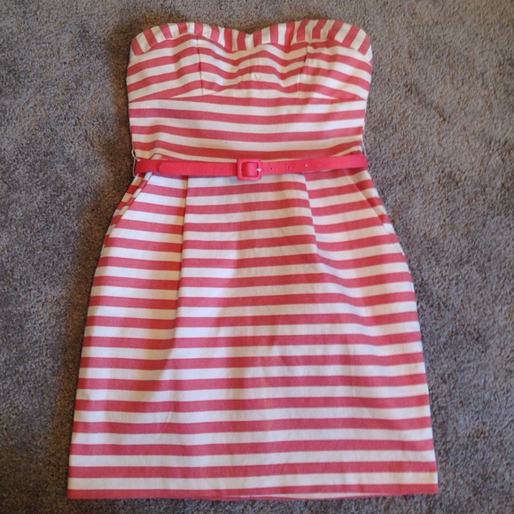 Coral and white striped dress with belt