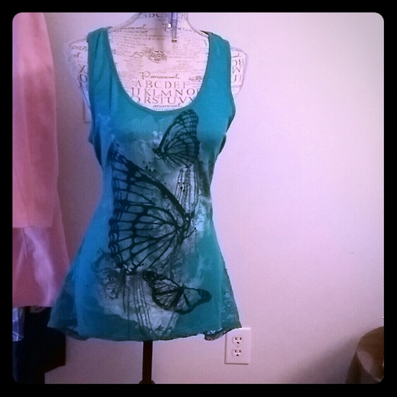 Teal and black butterfly top
