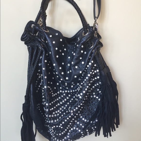 Large black fringe rhinestone tote