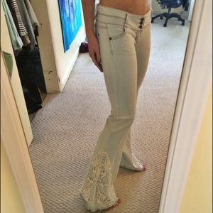 Light Wash Flair Jeans with Lace Embellishment