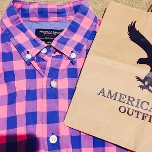 Men's pink & blue long-sleeved plaid shirt