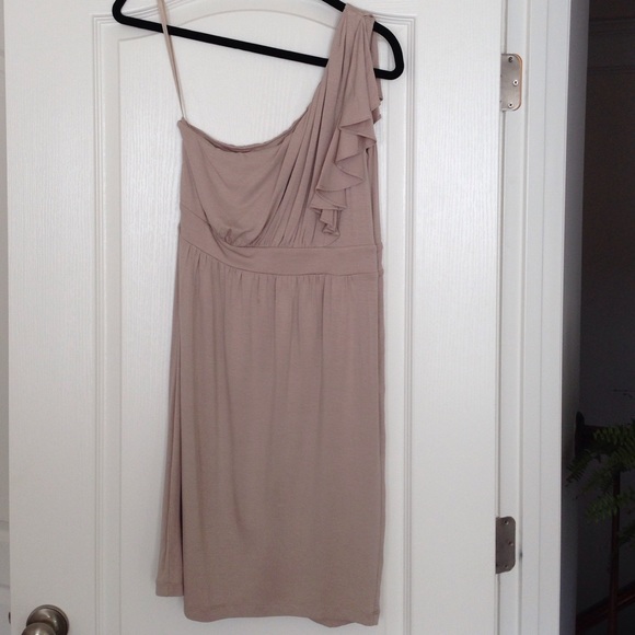 Taupe one shoulder flutter sleeve dress
