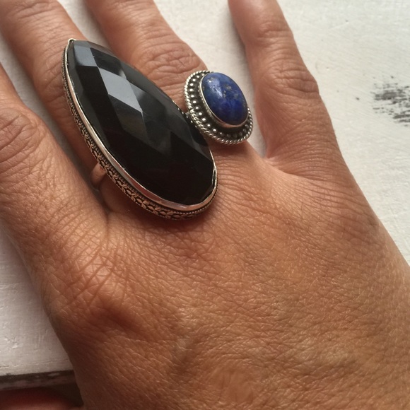 Big Black stone  silver overlay ring