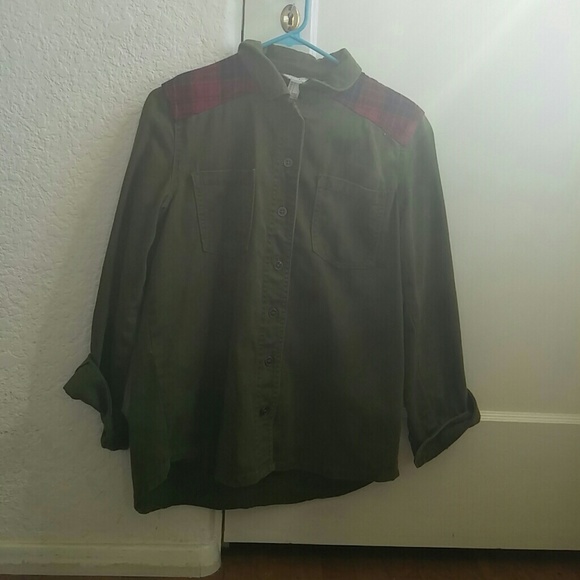 Military green jacket with flannel shoulder detail