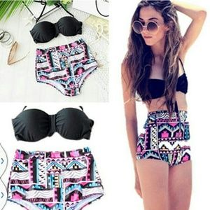 High waisted retro style patterned 2 piece bikini