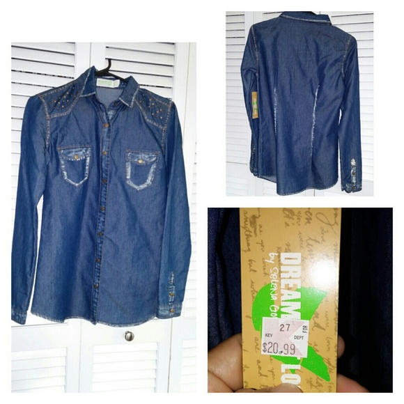 Denim top with studded shoulders