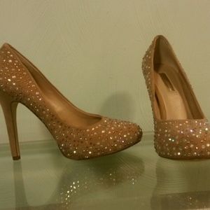 INC Rhinestone Embellished Suede Nude Heels