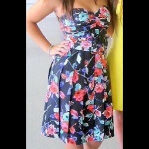 Black and Floral Strapless Dress with belt