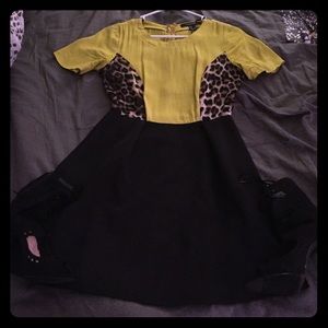 Leopard, black, and lime dress