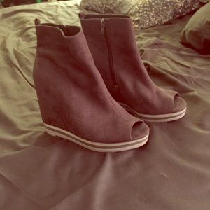 ASOS gray wedge peep toe shoes.