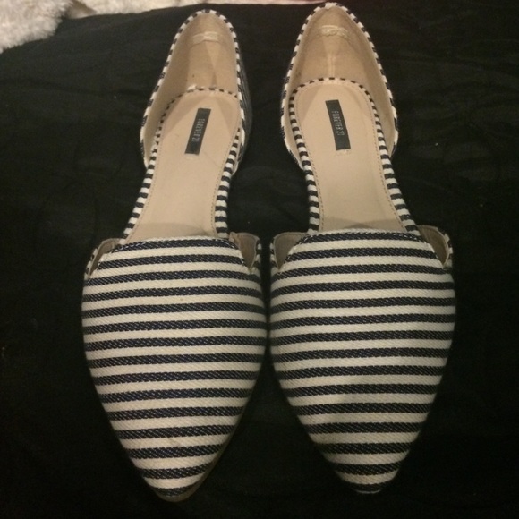 White and blue striped flats.