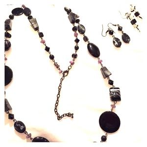 Long dangle black necklace with matching earrings