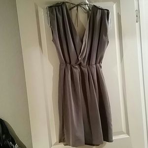Taupe wrap dress with shoulder pad detail