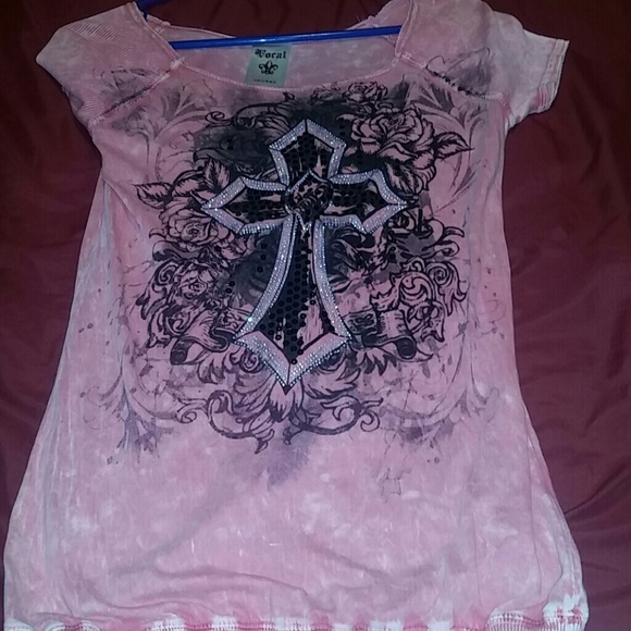 Coral top with rhinestones cross in front