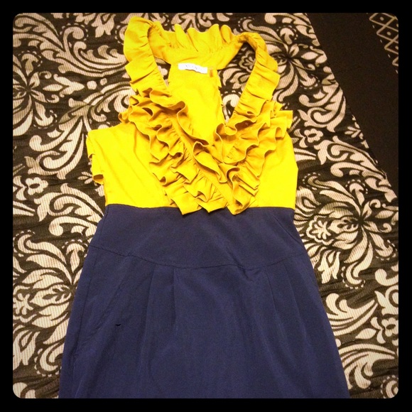 Boutique Mustard navy ruffle dress with pockets