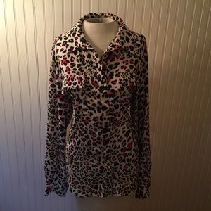 Neon & White Cheetah Print Button Up Blouse