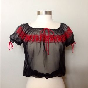 Black sheer red detail blouse