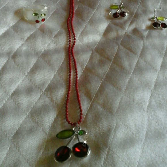 Cherry necklace ring earrings