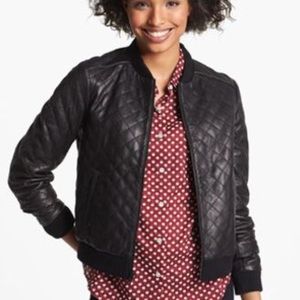 Halogen Quilted Leather Bomber Jacket in Black