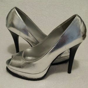Silver open toe heels size 8.5