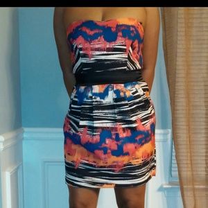 Colorful funky strapless mini dress