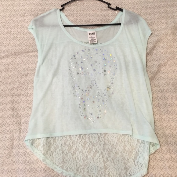 PINK light blue shiny skull lace back tee