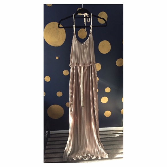 Gold silk like pleated maxi dress