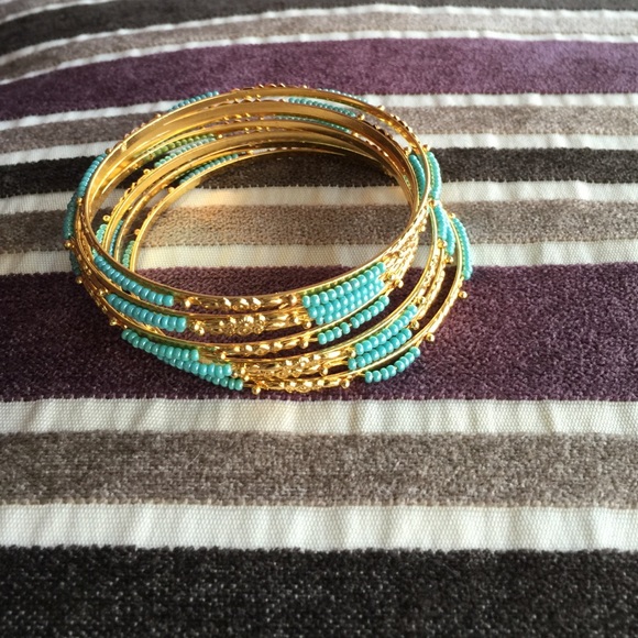 Gold Metallic Bracelets with Blue Beads
