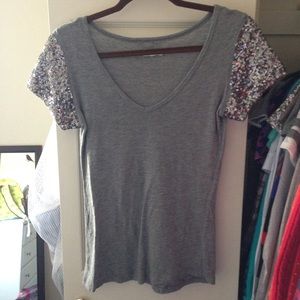 Gray Sequin Sleeved V-Neck