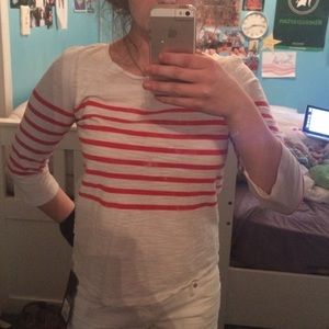 Mid sleeve white top with dark pink stripes