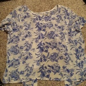 Blue and white floral chiffon top