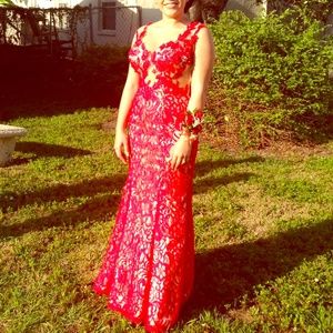 Red & Nude Sheer Lace Temptation Prom Dress