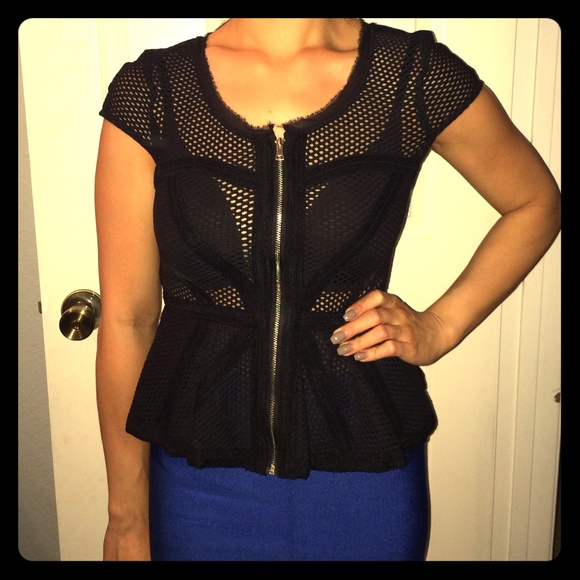 Bebe Mesh Peplum Zip Up Top