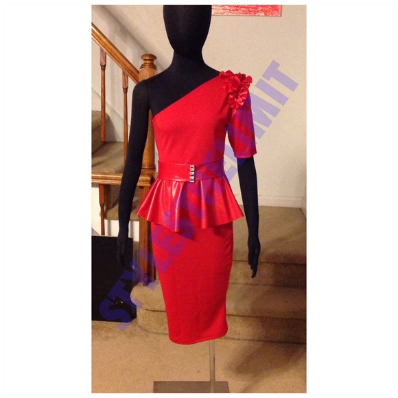 Red faux leather pencil skirt and top