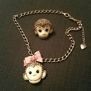 Betsey Johnson Monkey Necklace/Ring Set
