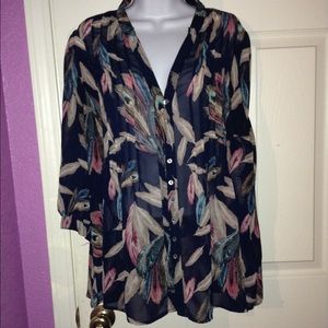 Button up feather print shirt