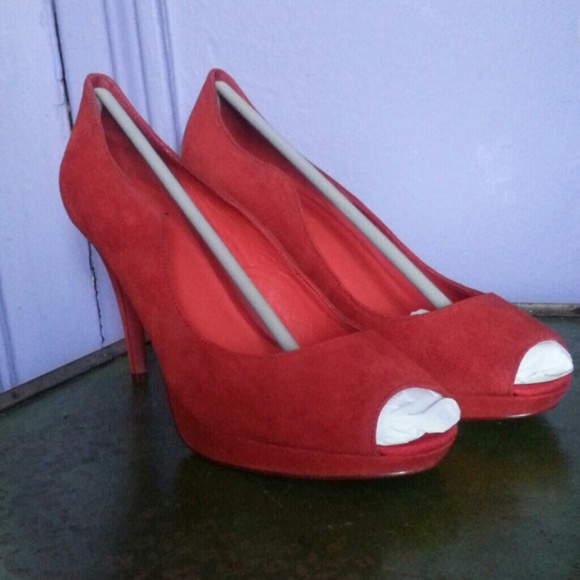 Red Suede Peep Toe Pumps